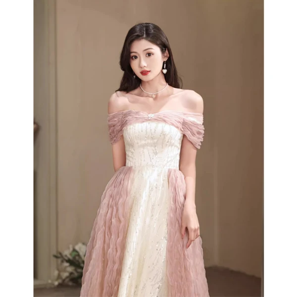Mode Rougissant Rose Perle Paillettes Robe De Bal 2023 Princesse De l'épaule Sans Manches Dos Nu Longue Promo Robe De Ceremonie