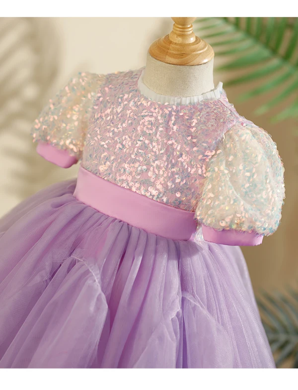 Bling Bling Lavender Beading Sequins Birthday Short Flower Girl Dresses 2024 Ball Gown Scoop Neck Short Sleeve
