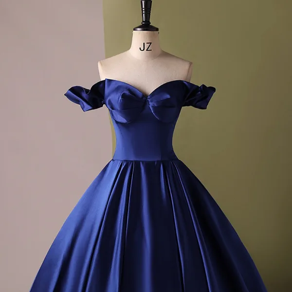 Vintage / Retro Elegant Navy Blue Satin Prom Dresses 2024 Ball Gown Off-The-Shoulder Short Sleeve Backless Floor-Length / Long Prom Formal Dresses