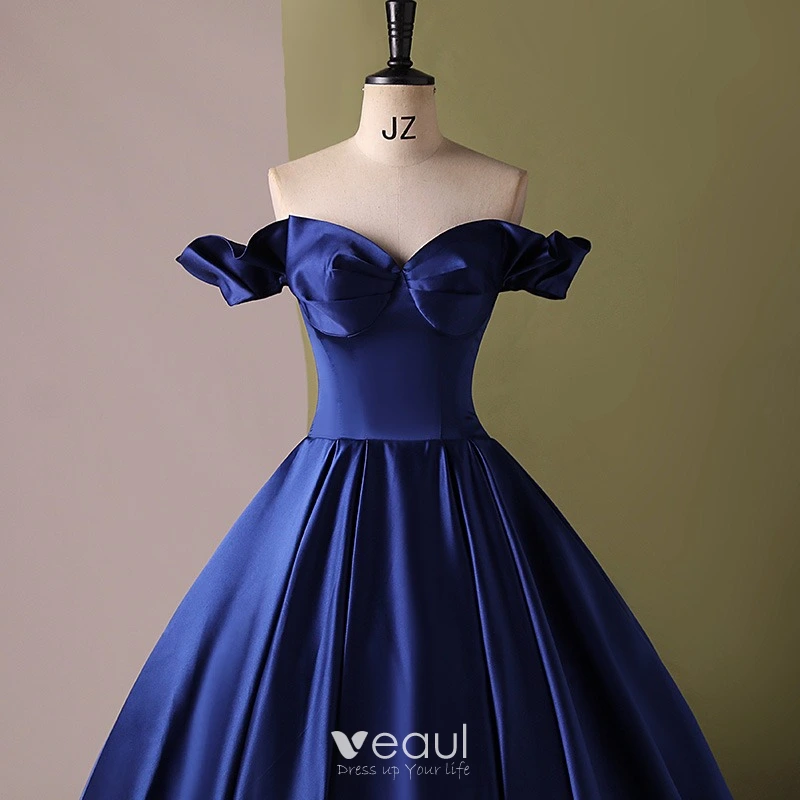 Vintage Retro Elegant Navy Blue Satin Prom Dresses 2024 Ball Gown Off The Shoulder Short Sleeve Backless Floor Length Long Prom Formal Dresses Vintage Retro Elegant Navy Blue Satin Prom Dresses 2024 Ball Gown Off The Shoulder Short Sleeve Backless Floor Length Long Prom Formal Dresses