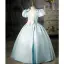 Élégant Bleu Ciel Perlage Perle Appliques Anniversaire Robe Ceremonie Fille 2022 Robe Boule Satin Encolure Carrée Gonflée Manches Courtes Dos Nu Noeud Longue Robe Ceremonie Fille