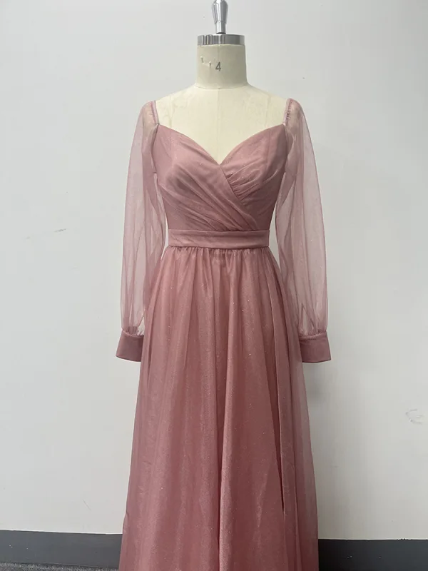 Elegant Blushing Pink Prom Dresses 2024 A-Line / Princess V-Neck Long Sleeve Backless Floor-Length / Long Prom Formal Dresses