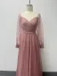 Elegant Blushing Pink Prom Dresses 2024 A-Line / Princess V-Neck Long Sleeve Backless Floor-Length / Long Prom Formal Dresses