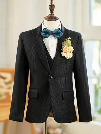 Black Winter Fall Long Sleeve 6 Piece Boys Wedding Suits 2025 Body Jewellery Coat Pants Shirt Tie Vest