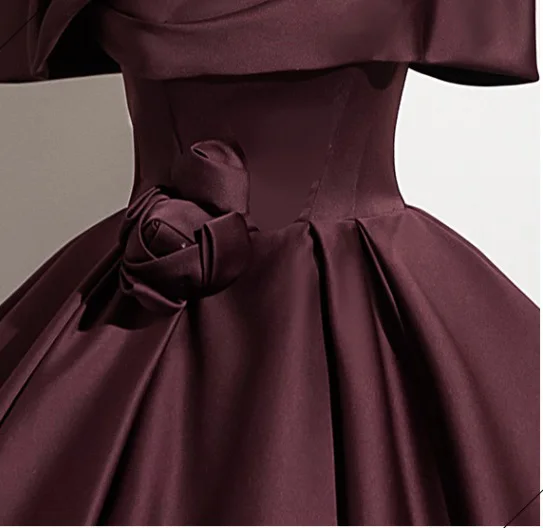 Vintage / Retro Burgundy Satin Prom Dresses 2024 Ball Gown Off-The-Shoulder Short Sleeve Backless Floor-Length / Long Prom Formal Dresses
