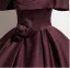 Vintage / Retro Burgundy Satin Prom Dresses 2024 Ball Gown Off-The-Shoulder Short Sleeve Backless Floor-Length / Long Prom Formal Dresses