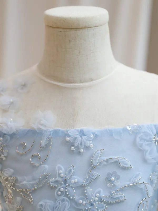 Chic / Beautiful Sky Blue Appliques Beading Pearl Sequins Birthday Flower Girl Dresses 2024 A-Line / Princess Scoop Neck Short Sleeve Tulle Floor-Length / Long