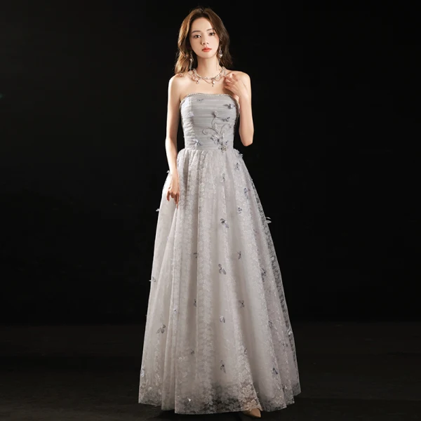 Charming Grey Evening Dresses 2022 A-Line / Princess Strapless Sleeveless Beading Pearl Backless Bow Floor-Length / Long Evening Party Formal Dresses