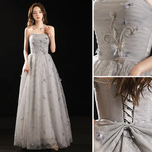 Charming Grey Evening Dresses 2022 A-Line / Princess Strapless Sleeveless Beading Pearl Backless Bow Floor-Length / Long Evening Party Formal Dresses