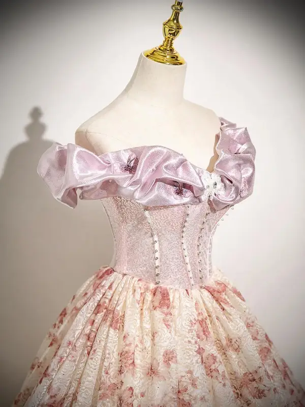 Elegant Blushing Pink Printing Prom Dresses 2025 Ball Gown Ruffle Off-The-Shoulder Sleeveless Backless Floor-Length / Long Prom Formal Dresses