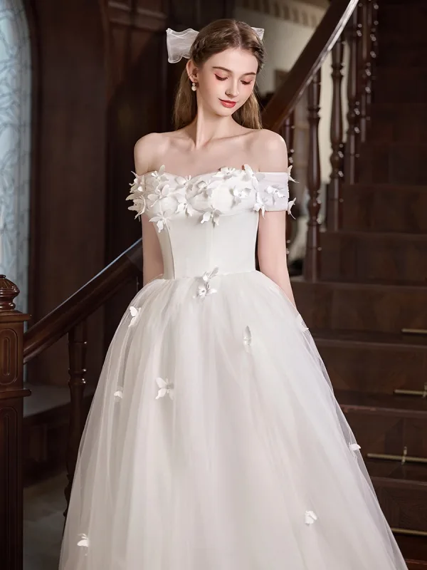Leichtes Weiß Perle Schmetterling Brautkleider / Hochzeitskleider 2025 A Linie Off Shoulder Kurze Ärmel Rückenfreies Lange