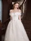 Leichtes Weiß Perle Schmetterling Brautkleider / Hochzeitskleider 2025 A Linie Off Shoulder Kurze Ärmel Rückenfreies Lange