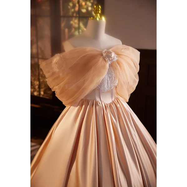 Modest Champagne Pearl Lace Flower Satin Prom Dresses 2023 Ball Gown Off-The-Shoulder Short Sleeve Backless Sweep Train Prom Formal Dresses