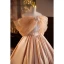 Modest  Champagne Pearl Lace Flower Satin Prom Dresses 2023 Ball Gown Off-The-Shoulder Short Sleeve Backless Sweep Train Prom Formal Dresses