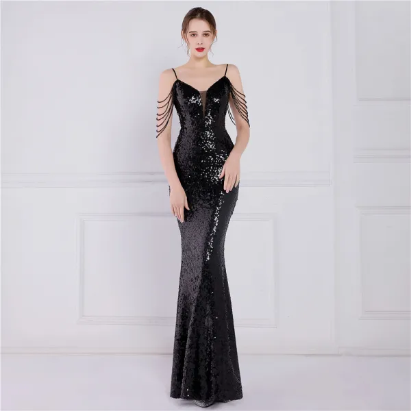 Scintillantes Blanche Laser Paillettes Robe De Soirée 2022 Trompette / Sirène Bretelles Spaghetti Sans Manches Dos Nu Perlage Longue Soirée Robe De Ceremonie