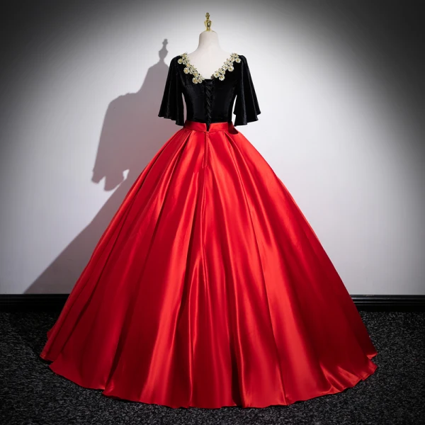 Ethnic Red Beading Lace Flower Satin Prom Dresses 2023 Ball Gown Scoop Neck Short Sleeve Backless Floor-Length / Long Formal Dresses