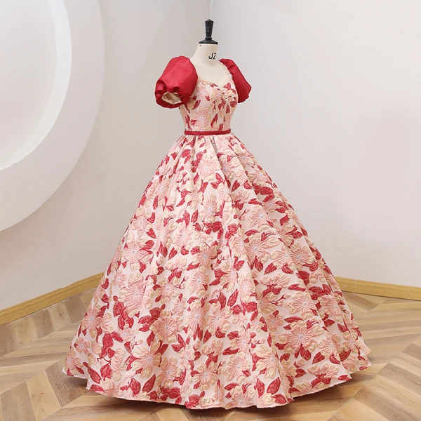 Elegant Red Printing Prom Dresses 2022 Ball Gown Square Neckline Puffy Short Sleeve Backless Sash Floor-Length / Long Prom Formal Dresses