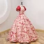 Elegant Red Printing Prom Dresses 2022 Ball Gown Square Neckline Puffy Short Sleeve Backless Sash Floor-Length / Long Prom Formal Dresses