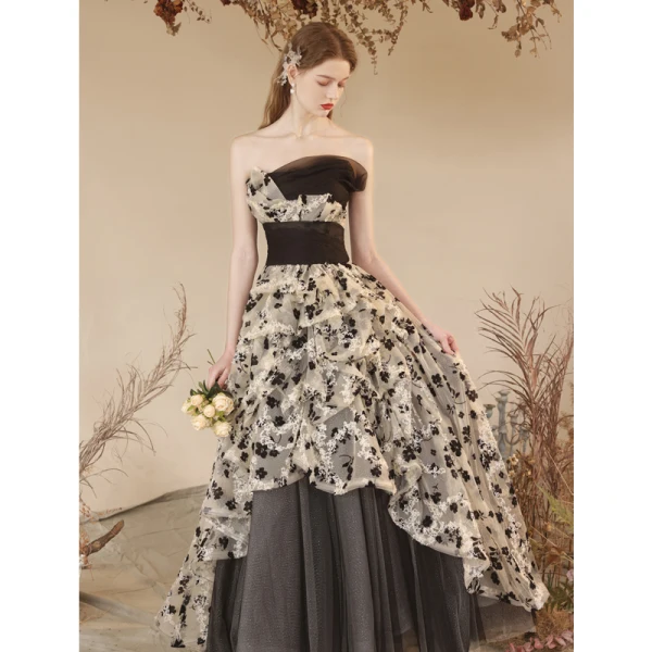 Fashion Black Flower Summer Evening Dresses 2023 A-Line / Princess Strapless Sleeveless Backless Floor-Length / Long Evening Party Formal Dresses