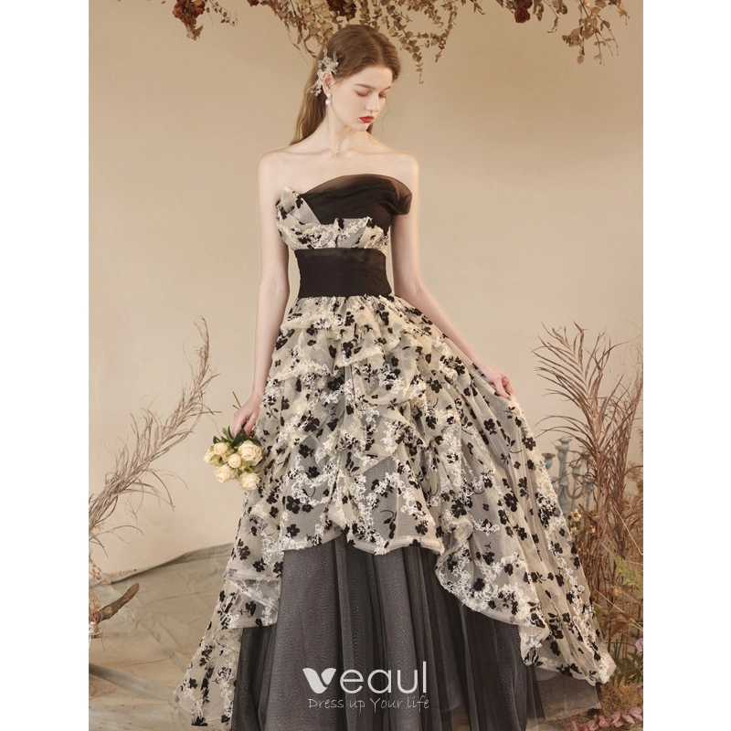 Fashion Black Flower Summer Evening Dresses 2023 A-Line / Princess Strapless Sleeveless Backless Floor-Length / Long Evening Party Formal Dresses Fashion Black Flower Summer Evening Dresses 2023 A-Line / Princess Strapless Sleeveless Backless Floor-Length / Long Evening Party Formal Dresses