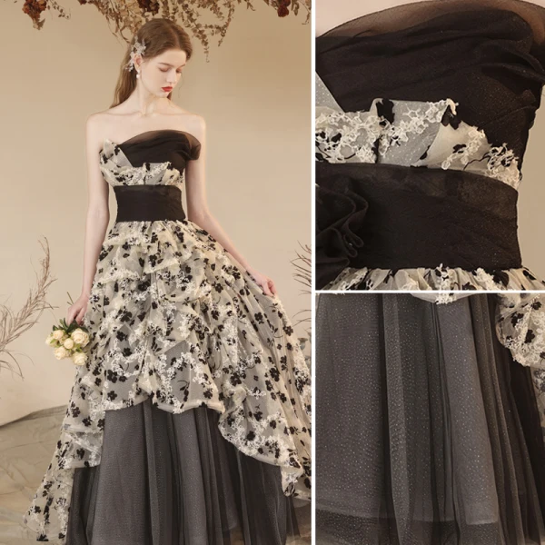Fashion Black Flower Summer Evening Dresses 2023 A-Line / Princess Strapless Sleeveless Backless Floor-Length / Long Evening Party Formal Dresses