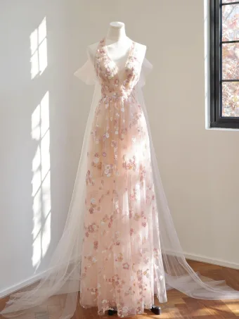 Hermoso Rosa Clara Floral Vestidos De Gala 2025 A Line Princess Halter Sin Mangas Sin Espalda Largos Vestidos Formales