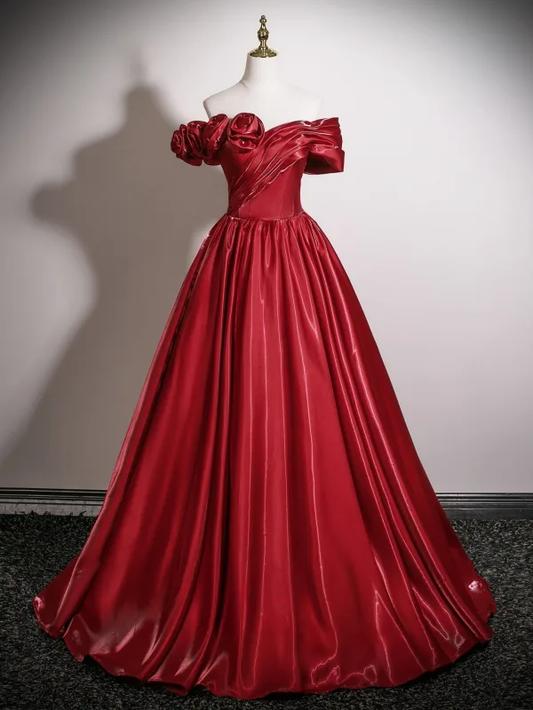 Elegant Red Flower Prom Dresses 2025 Ball Gown Off-The-Shoulder Short Sleeve Backless Floor-Length / Long Formal Dresses