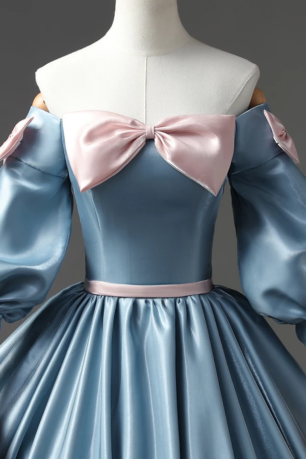 Lovely Pool Blue Bow Prom Dresses 2023 Ball Gown Off-The-Shoulder Short Sleeve Backless Floor-Length / Long Prom Formal Dresses