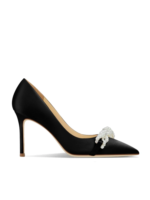 Charmant Schwarz Perle Abend Pumps 2024 Leder 8 cm Stilettos Spitzschuh Pumps Hochhackige