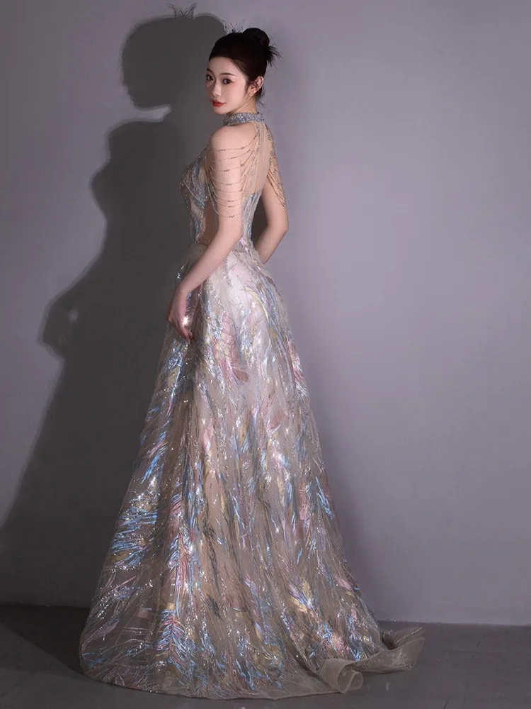 Sparkly Beading Sequins Champagne Prom Dresses 2024 A Line Princess High  Neck Formal Dresses Short Sleeve Sweep Train