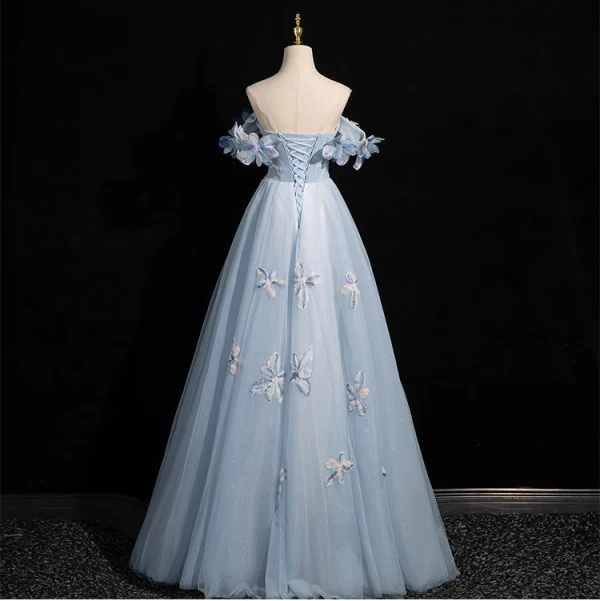 Chic / Beautiful Sky Blue Beading Appliques Prom Dresses 2024 A-Line / Princess Off-The-Shoulder Sleeveless Backless Floor-Length / Long Prom Formal Dresses