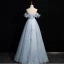 Chic / Beautiful Sky Blue Beading Appliques Prom Dresses 2024 A-Line / Princess Off-The-Shoulder Sleeveless Backless Floor-Length / Long Prom Formal Dresses
