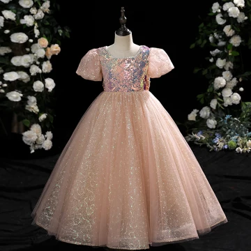 Scintillantes Champagne Glitter Paillettes Noeud Anniversaire Robe Ceremonie Fille 2024 Robe Boule Encolure Dégagée Manches Courtes Longue Tulle