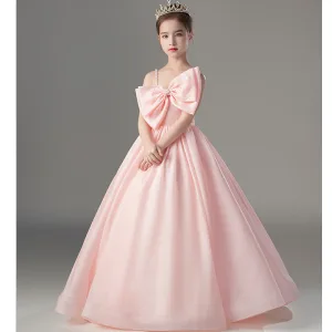 Lovely Blushing Pink Birthday Flower Girl Dresses 2022 Ball Gown Spaghetti Straps Sleeveless Backless Pearl Bow Floor Length Long Flower Girl Dresses