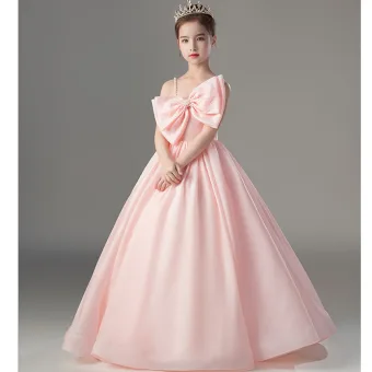 Charmant Rougissant Rose Anniversaire Robe Ceremonie Fille 2022 Robe Boule Bretelles Spaghetti Sans Manches Dos Nu Perle Noeud Longue Robe Ceremonie Fille