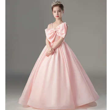 Charmant Rougissant Rose Anniversaire Robe Ceremonie Fille 2022 Robe Boule Bretelles Spaghetti Sans Manches Dos Nu Perle Noeud Longue Robe Ceremonie Fille