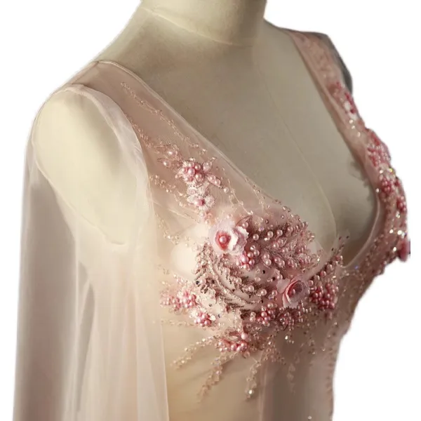 Charmant Rougissant Rose Perlage Perle Paillettes Robe De Soirée 2024 Trompette / Sirène Col v profond Manches Courtes Dos Nu Longue Soirée Robe De Ceremonie