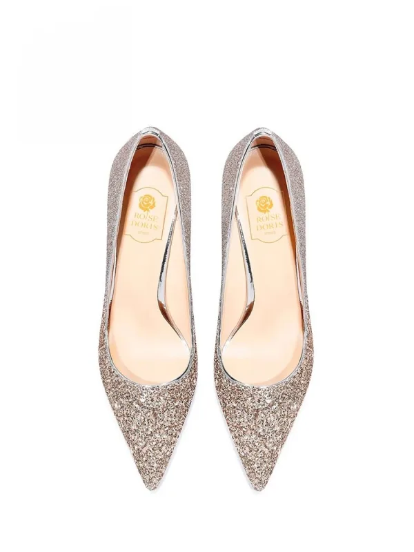 Glittrande Champagne Läder Paljetter Brudskor 2026 6 cm Stilettklackar Spetsiga Bröllop Pumps