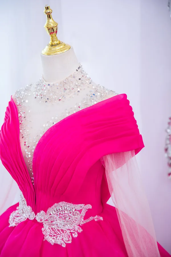 Fancy Fuchsia Beading Butterfly Sequins Prom Dresses 2024 Ball Gown High Neck Long Sleeve Backless Floor-Length / Long Prom Formal Dresses