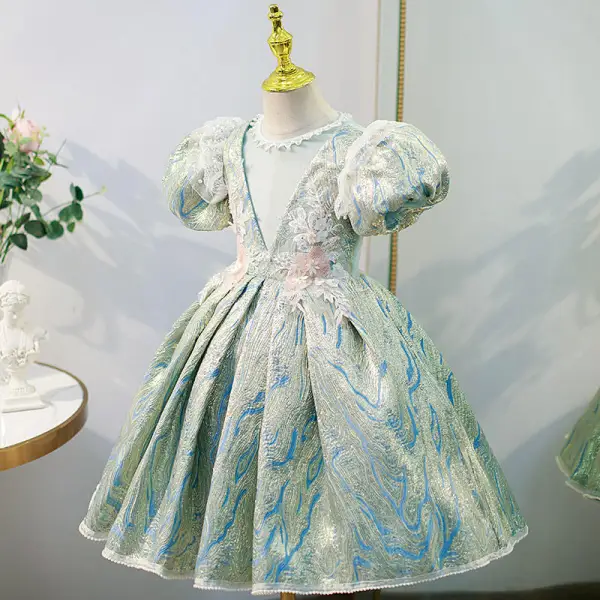 Modern / Fashion Mint Green Pearl Sequins Lace Flower Birthday Flower Girl Dresses 2022 Ball Gown Puffy Short Sleeve Scoop Neck Floor-Length / Long Flower Girl Dresses