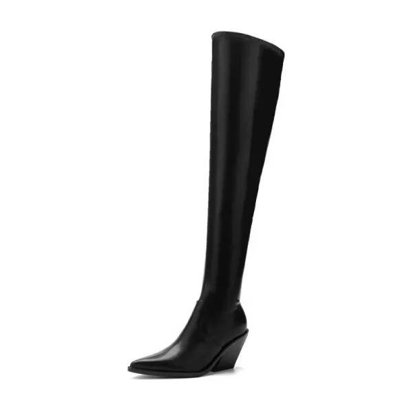 Fashion Black Fall Winter Street Wear Womens Boots 2023 6 cm Thick Heels Pointed Toe Boots