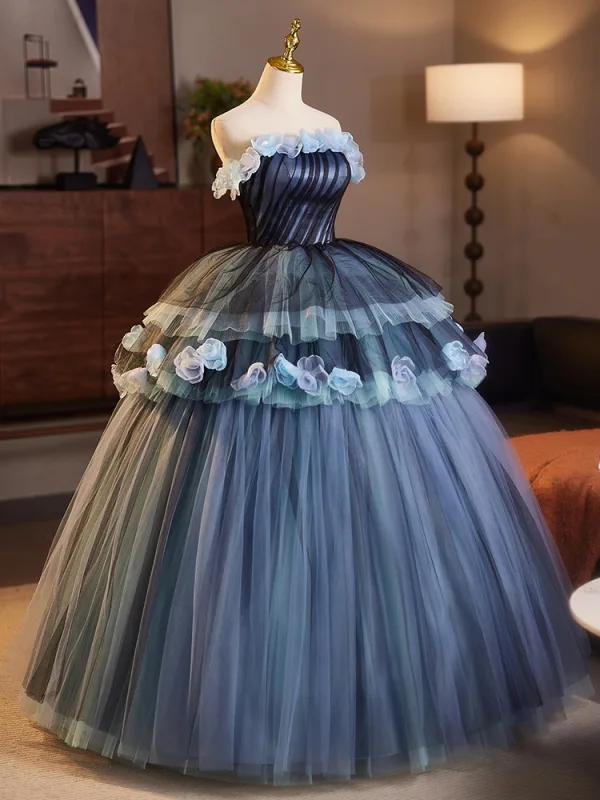 Demure Ocean Blue Quinceañera Appliques Prom Dresses 2025 Ball Gown Strapless Sleeveless Backless Tea-length Prom Formal Dresses