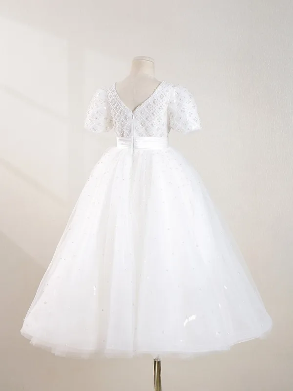 Elegant White Beading Pearl Sequins Flower Girl Dresses 2024 Ball Gown Scoop Neck Puffy Short Sleeve Backless Floor-Length / Long Wedding