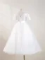 Elegant White Beading Pearl Sequins Flower Girl Dresses 2024 Ball Gown Scoop Neck Puffy Short Sleeve Backless Floor-Length / Long Wedding