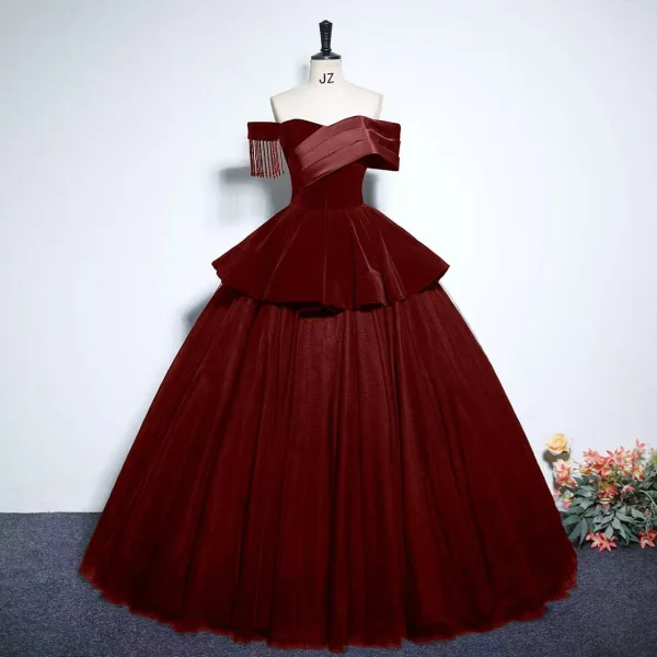 Vintage / Retro Navy Blue Beading Tassel Prom Dresses 2024 Ball Gown Off-The-Shoulder Short Sleeve Backless Floor-Length / Long Prom Formal Dresses