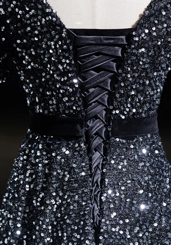 Scintillantes Noire Paillettes Robe De Bal 2024 Princesse Encolure Carrée Noeud Manches Courtes Dos Nu Longue Promo Robe De Ceremonie