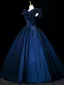Vintage / Retro Navy Blue Ruffle Flower Prom Dresses 2026 Ball Gown Square Neckline Short Sleeve Backless Floor-Length / Long Formal Dresses