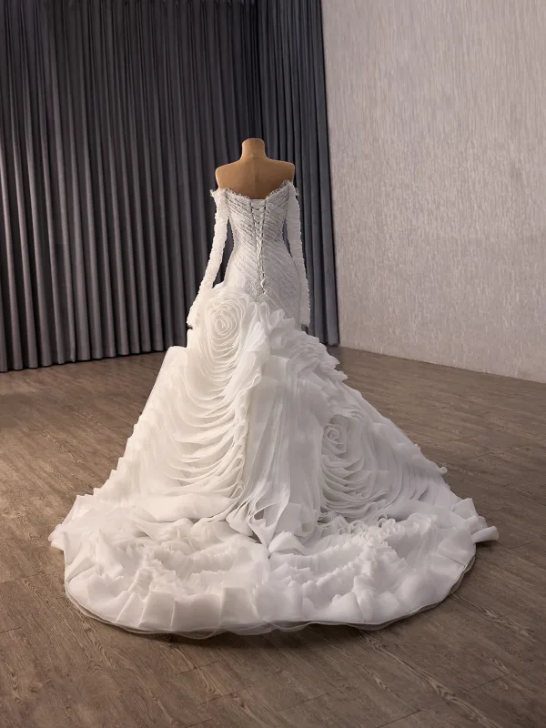 Haut de Gamme Charmant Blanche Volants en Cascade Perlage Paillettes En Dentelle Fleur Robe De Mariée 2026 Trompette / Sirène De l'épaule Manches Longues Dos Nu Tribunal Train