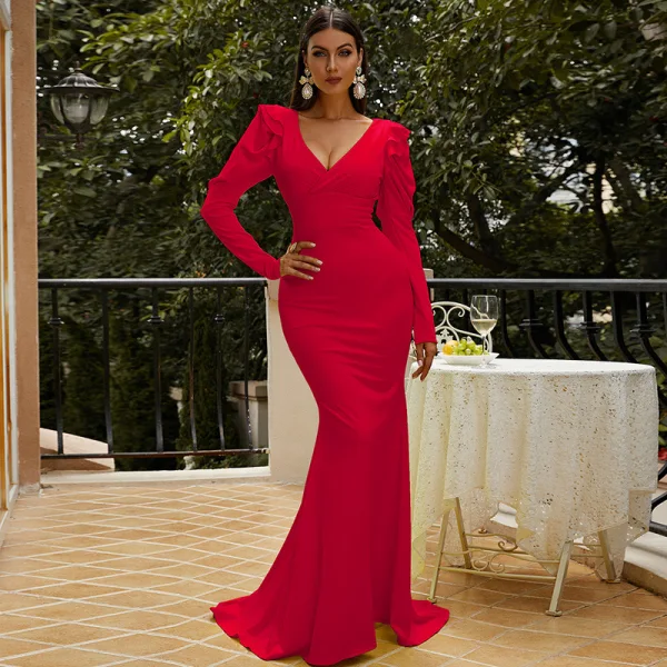 Sexy Jaune Robe De Soirée 2022 Trompette / Sirène V-Cou Manches Longues Train De Balayage Soirée Robe De Ceremonie