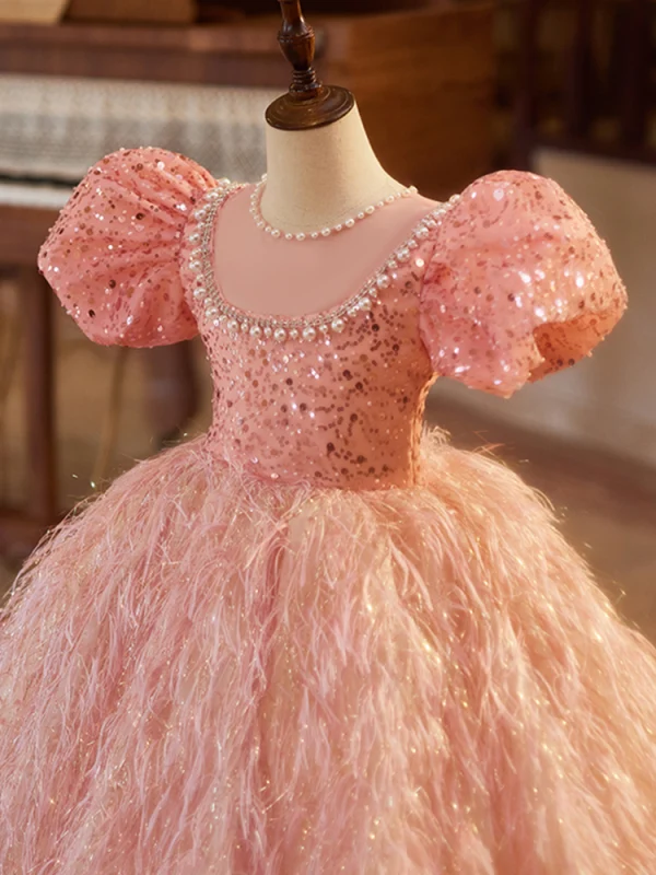 Lovely Blushing Pink Pearl Sequins Rhinestone Tassel Birthday Flower Girl Dresses 2024 Ball Gown Scoop Neck Puffy Short Sleeve Backless Floor-Length / Long
